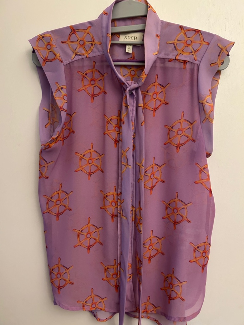 KOCH Lavender Tie-Neck Sleeveless Blouse with Orange Wheel Print